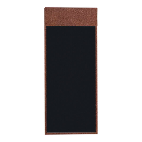 A brown leather menu board with black trim.