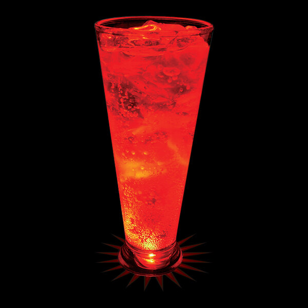 A customizable plastic pilsner cup with a red drink and ice, with a red LED light inside.