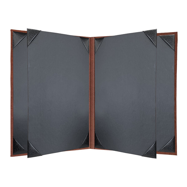 A brown leather menu cover with picture corners.