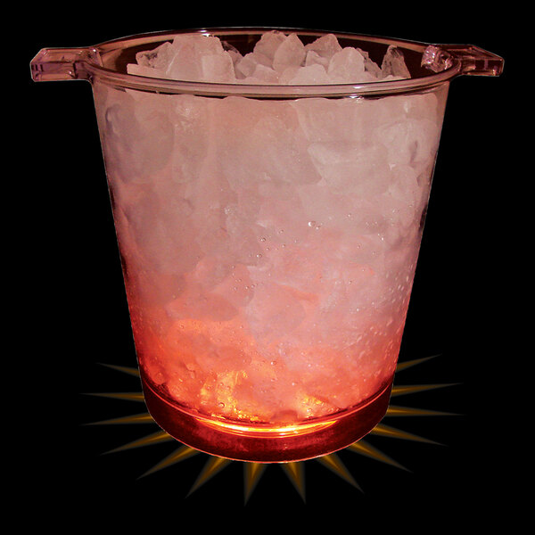 A white customizable plastic ice bucket with orange LED lights filled with ice.