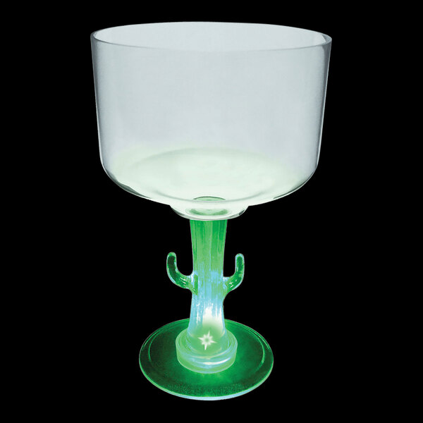 A customizable plastic margarita cup with a cactus shaped base and green LED light.