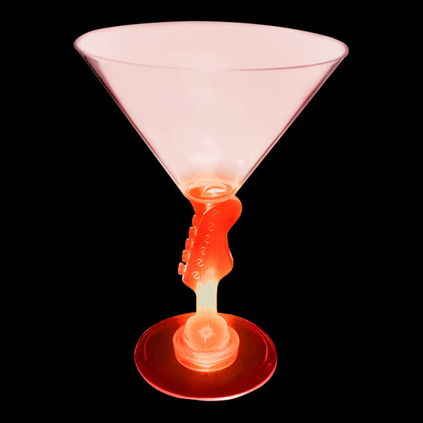 A close up of a 10 oz. plastic martini glass with a red LED guitar stem.