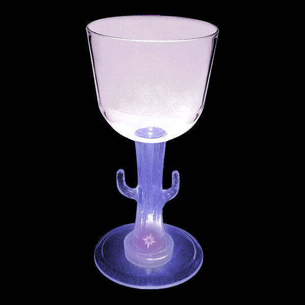 A clear plastic wine cup with a cactus shaped stem and a purple light up base.