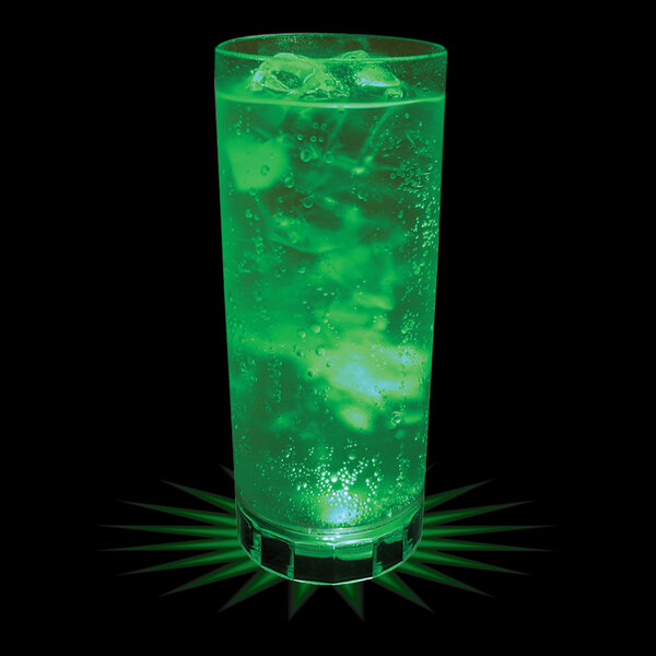 A 14 oz. plastic cup with a green LED light filled with green liquid and ice.