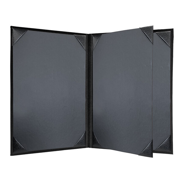 A black H. Risch, Inc. tuxedo leather menu cover with black corners on a white background.