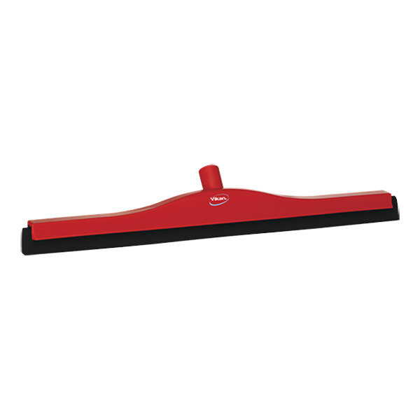 A red Vikan floor squeegee with a black plastic frame and handle.