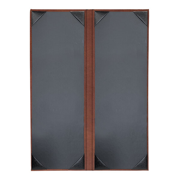 A brown customizable tuxedo leather menu cover with brown corners.