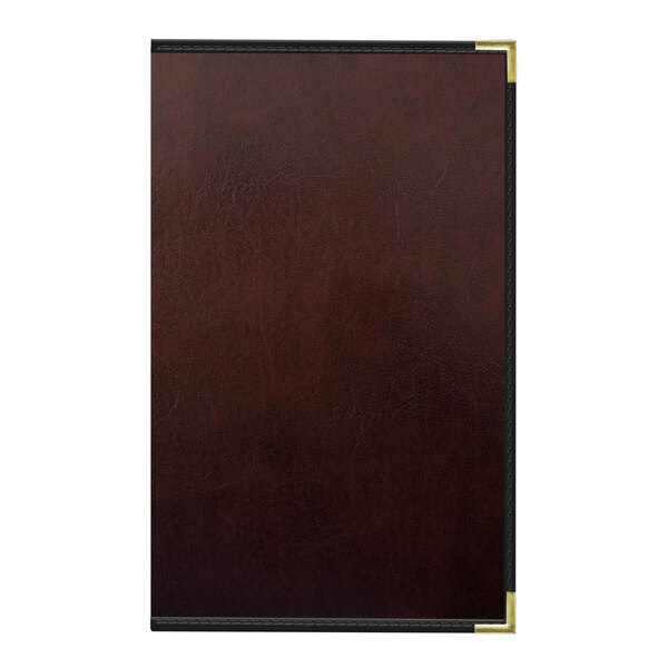 A brown leather H. Risch, Inc. wine menu cover with black trim.