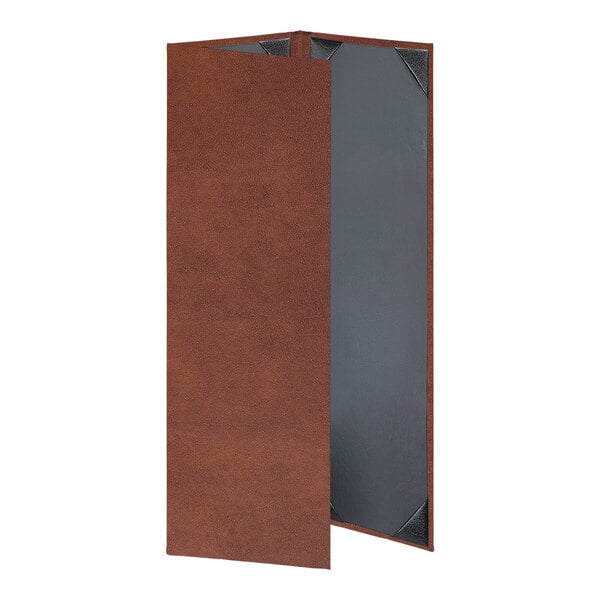 A brown rectangular menu cover with grey inside.