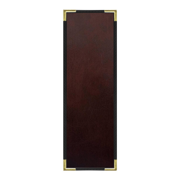 A rectangular brown and black leather menu cover with gold corners.