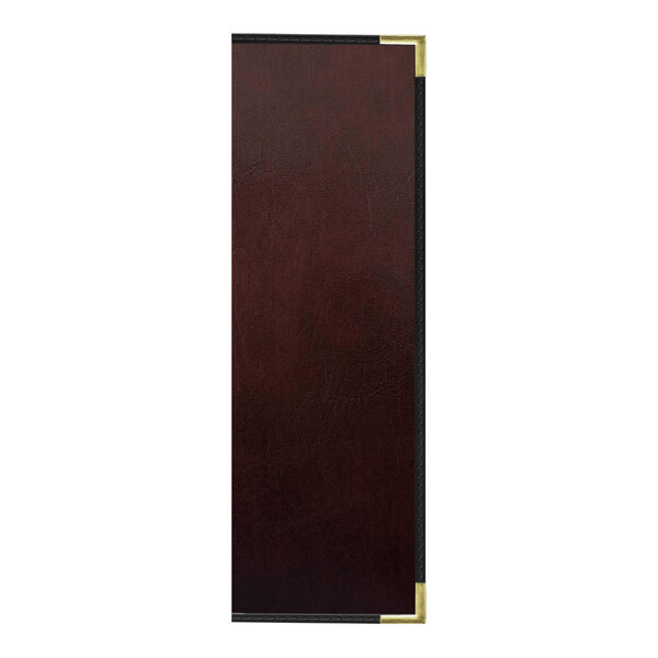 A rectangular brown leather menu cover with black trim and interior pocket.