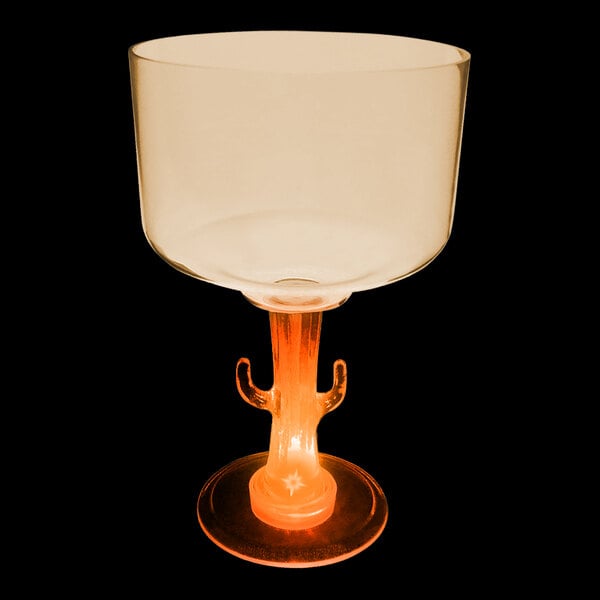 A customizable plastic margarita cup with a cactus stem and an orange LED light.