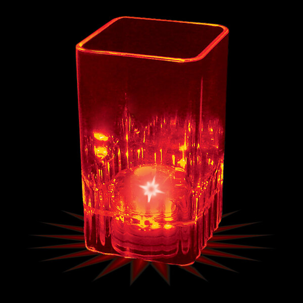 A customizable plastic square shot cup with a red LED light inside.