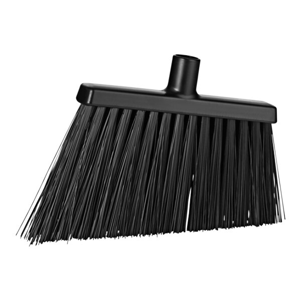 A black Vikan angled broom head with long bristles.