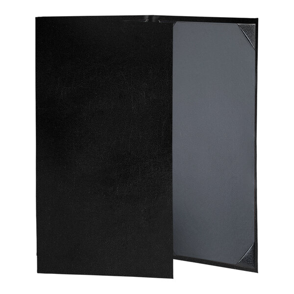 A black tuxedo leather menu cover with picture corners.