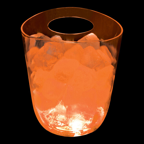 A white plastic champagne bucket with ice inside and orange LED lights.