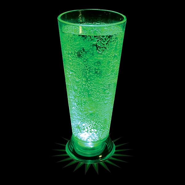 A customizable plastic pilsner cup with green LED light filled with a green drink.