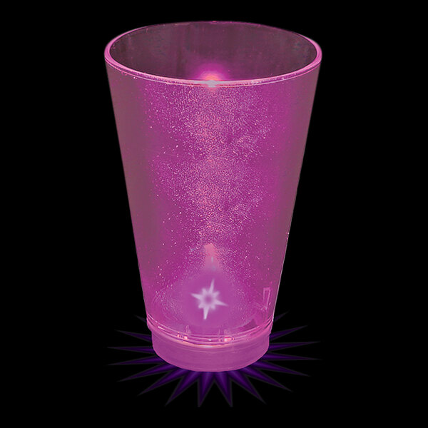 A close up of a purple plastic customizable shot cup with a purple LED light inside.