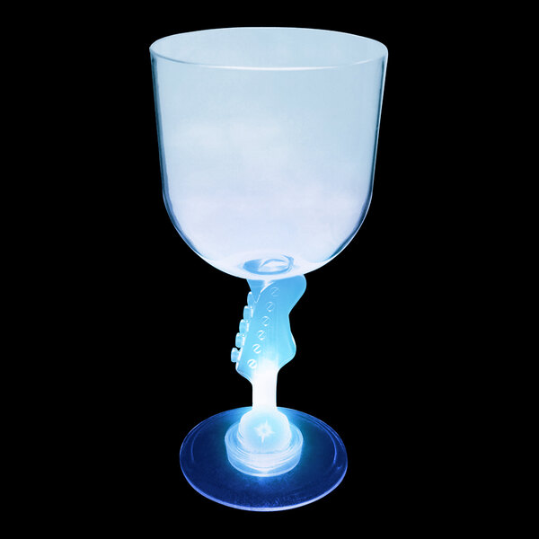 A clear plastic guitar stem goblet with a blue light inside.