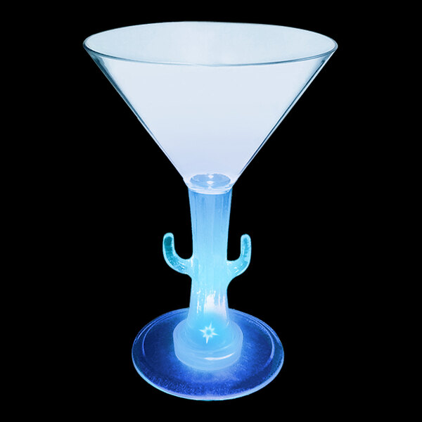 A customizable plastic martini glass with a cactus stem and a blue LED light.