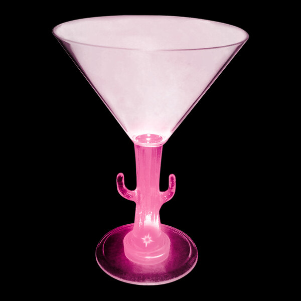 A pink plastic martini glass with a cactus shaped stem.