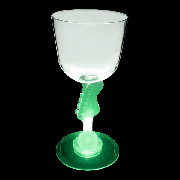 A customizable plastic wine cup with a guitar stem and a green LED light.