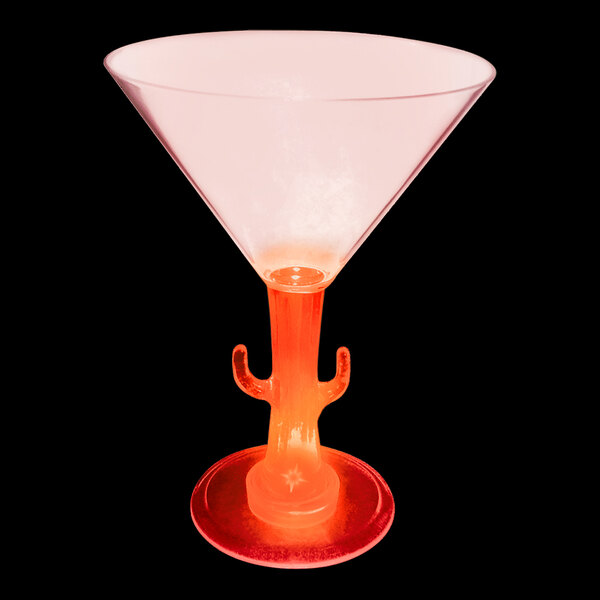 A 10 oz plastic martini glass with a cactus shaped stem and a red LED light.
