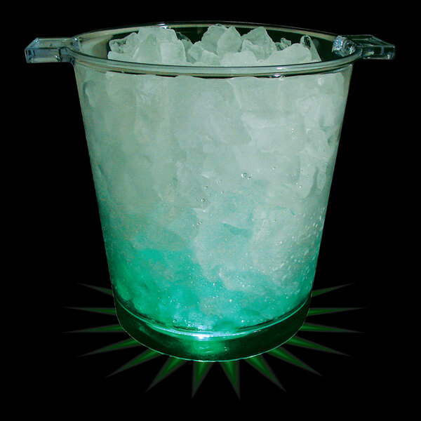 A clear plastic ice bucket with green LED lights inside.