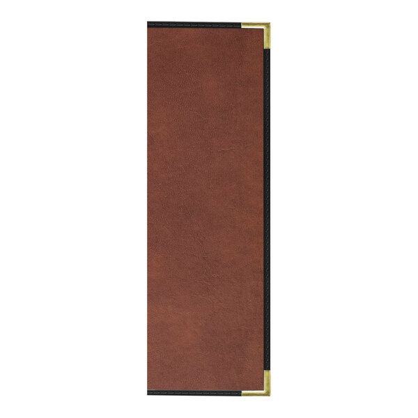 A brown leather H. Risch menu cover with black trim.