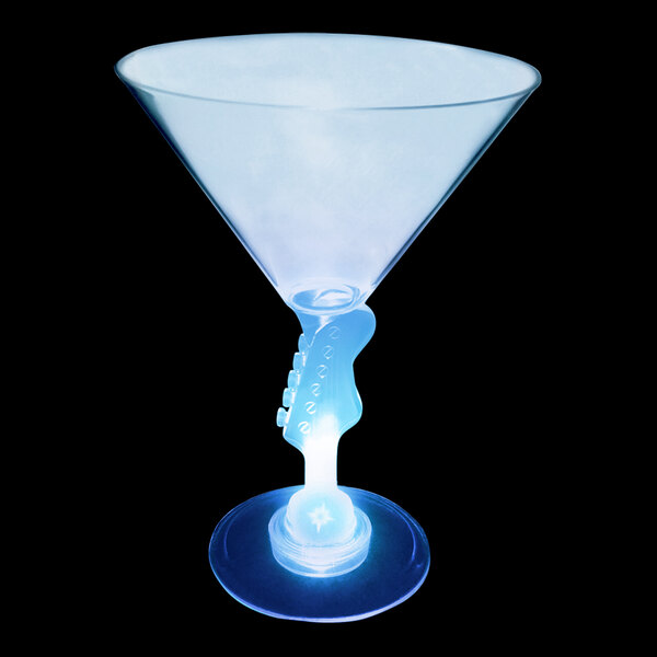 A customizable plastic martini glass with a blue LED light on the base.