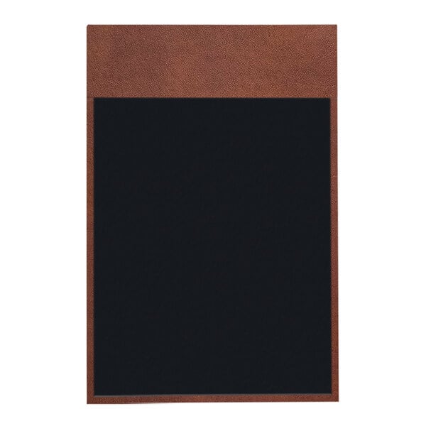 A black board with a brown leather frame.