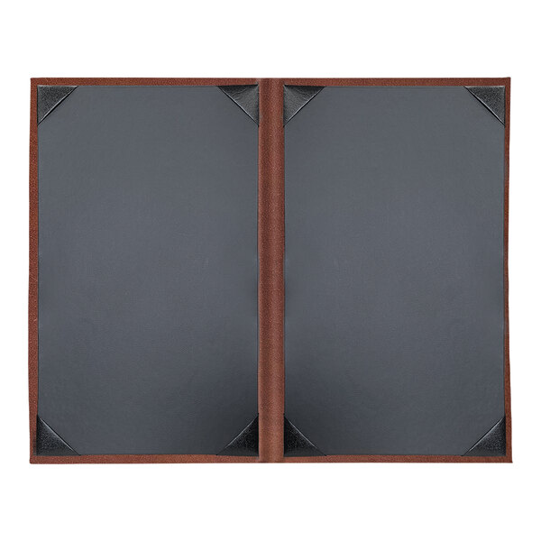 Two brown H. Risch, Inc. leather menu covers with black pages.