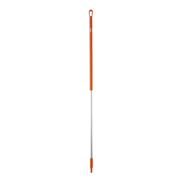 An orange and white long-handled Vikan aluminum stick.