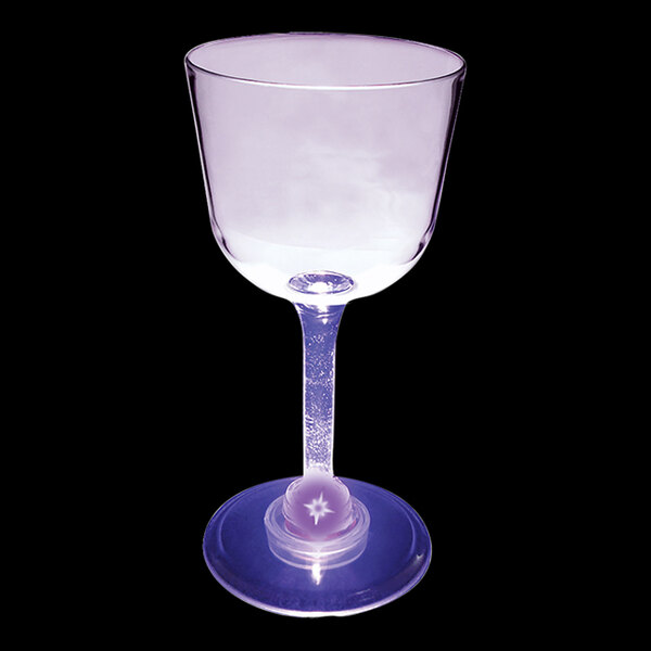 A clear wine cup with a purple base and blue LED light.