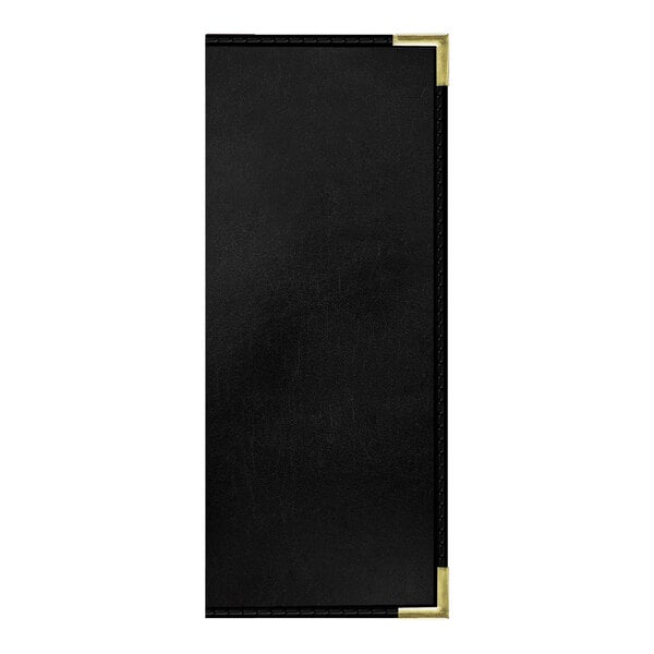 A black rectangular menu cover with gold corners and interior pockets.