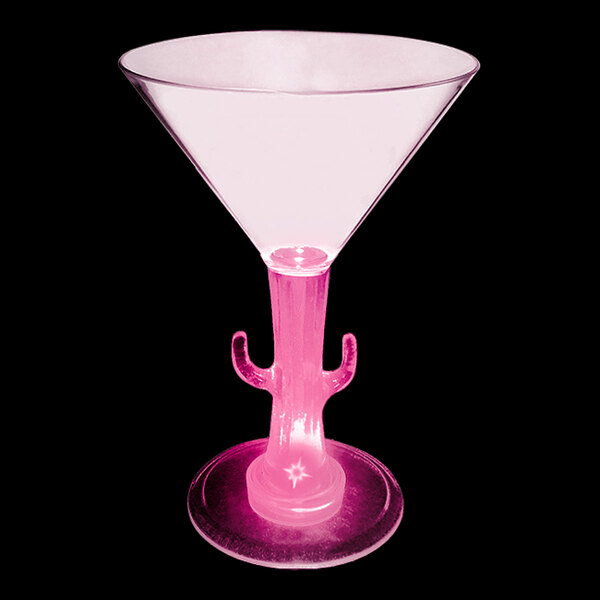 A pink martini glass with a cactus shaped stem.