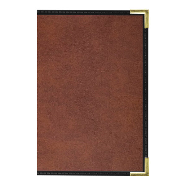 A brown leather menu cover with black corners.