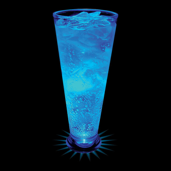 A customizable blue plastic pilsner cup filled with ice and blue liquid.