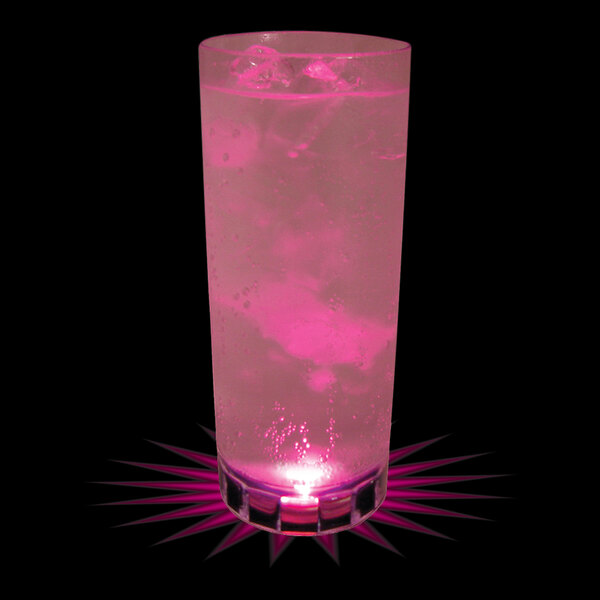 A 14 oz. plastic cup with a pink drink and a pink LED light.
