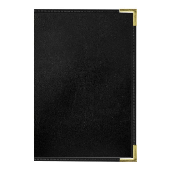 A black leather menu cover with white interior borders.