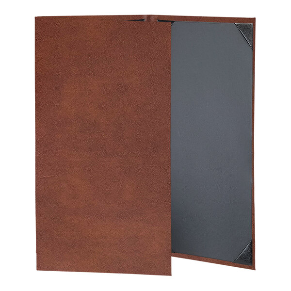A brown rectangular leather menu cover with picture corners.
