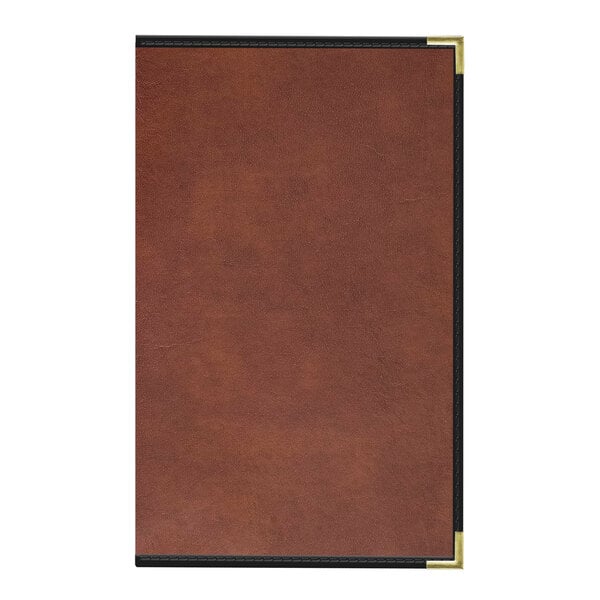 A brown rectangular leather menu cover with gold corners.