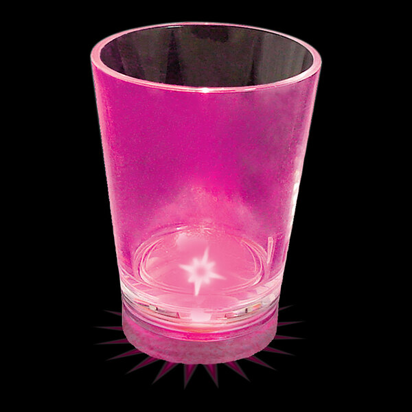 A customizable pink plastic shot cup with a pink LED light.