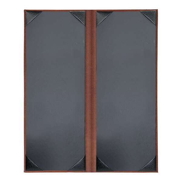 Two grey rectangular menu covers with brown leather borders and picture corners.