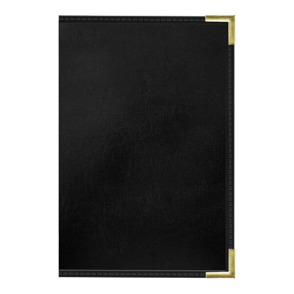 A black leather menu cover with a white border and interior pocket.