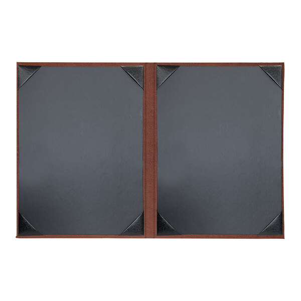A brown and black H. Risch, Inc. leather menu cover with picture corners.
