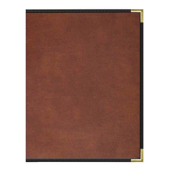 A brown leather menu cover with black corners.
