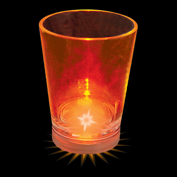 A customizable plastic shot cup with an orange LED light inside.