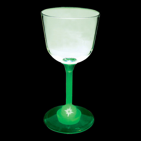 A customizable plastic wine cup with a green stem and LED light.