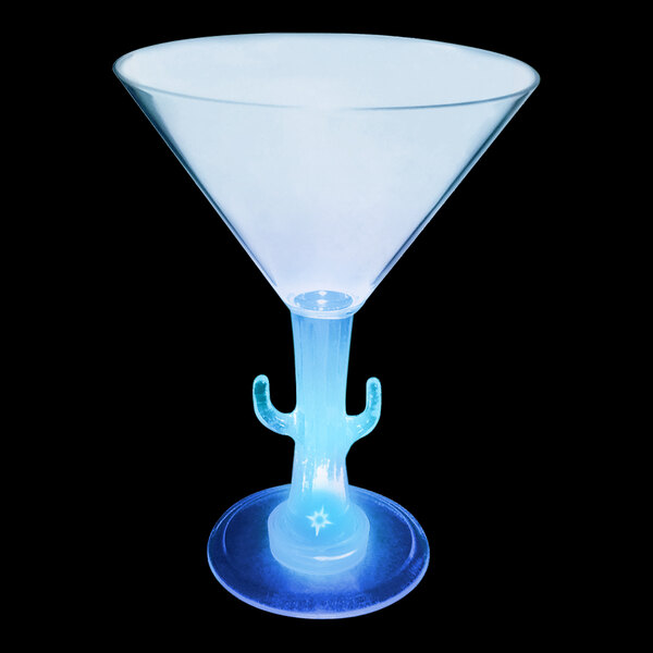 A clear plastic martini glass with a cactus shaped stem and a blue LED light.